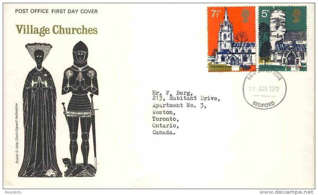 1972 Great Britain Cachet FDC With Part Set " Village Churches " Bedford Cancel  Sent To Canada - 1971-1980 Em. Décimales