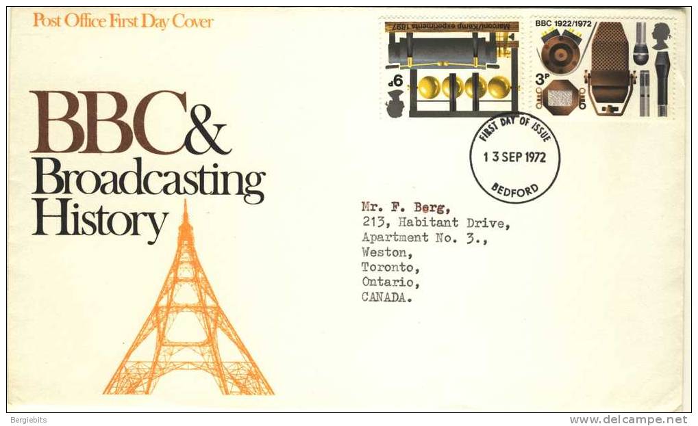1972 Great Britain Cachet FDC With Part Set " BBC Brodcasting History " Bedford Cancel  Sent To Canada - 1971-1980 Decimale  Uitgaven
