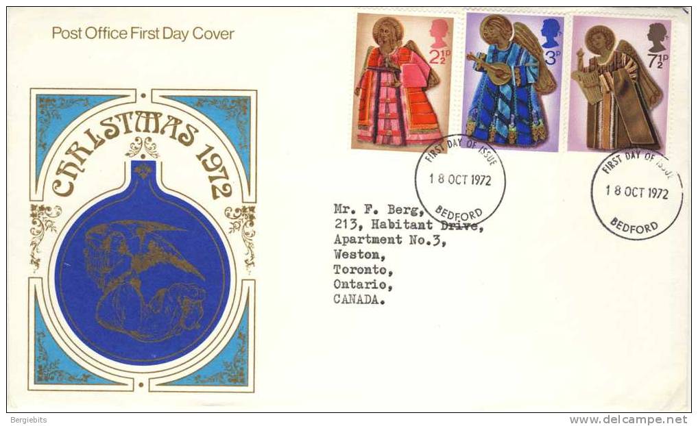 1972 Great Britain Cachet FDC With Complete Set " 1972 Christmas " Bedford Cancel  Sent To Canada - 1971-1980 Decimal Issues