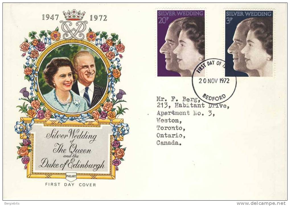 1972 Great Britain Special Cachet FDC With Complete Set " Silver Wedding " Bedford Cancel - 1971-1980 Em. Décimales