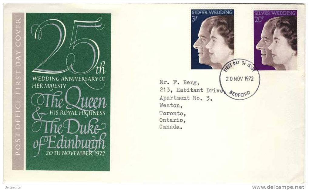 1972 Great Britain Cachet FDC With Complete Set " Silver Wedding 2" Bedford Cancel - 1971-1980 Em. Décimales