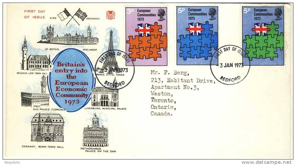 1973 Great Britain Special Cachet FDC With Complete Set " European Community 2" Bedford Cancel  Sent To Canada - 1971-1980 Em. Décimales