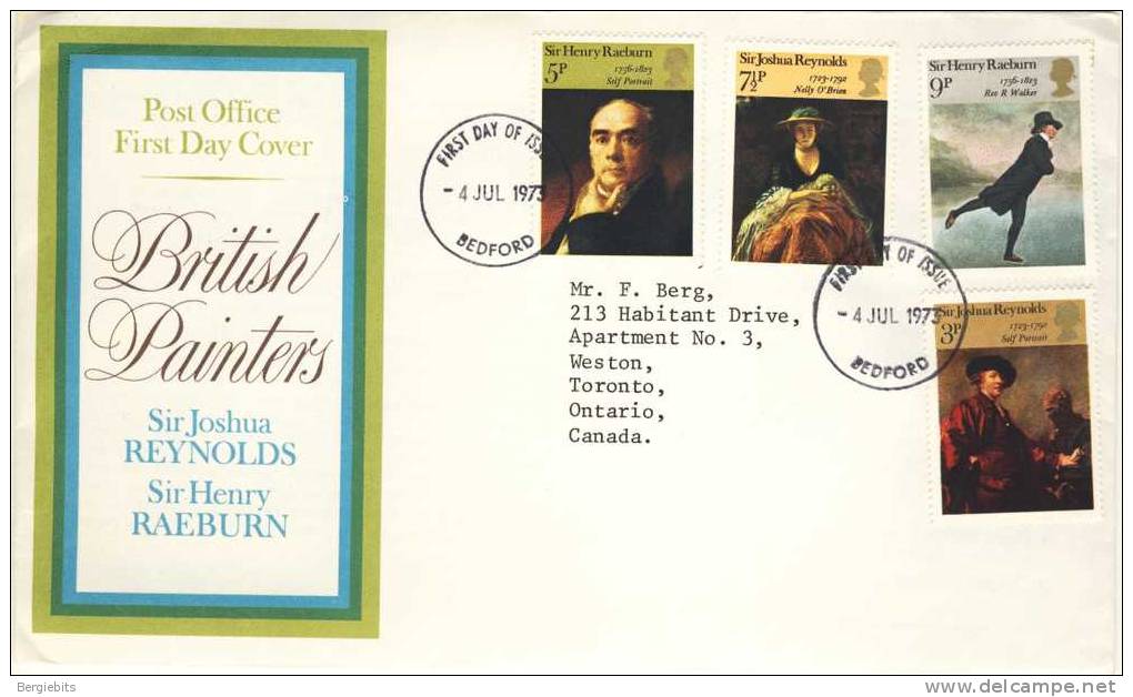 1973 Great Britain Cachet FDC With Complete Set " British Painters " Bedford Cancel - 1971-1980 Em. Décimales