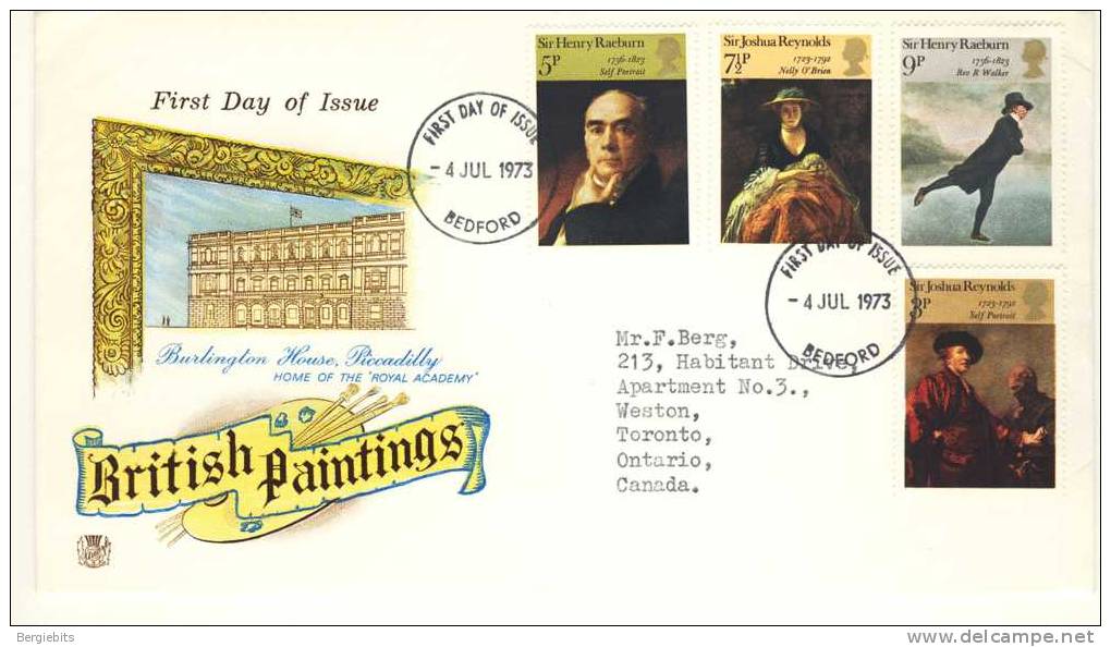 1973 Great Britain Cachet FDC With Complete Set " British Painters 2 " Bedford Cancel - 1971-1980 Decimal Issues