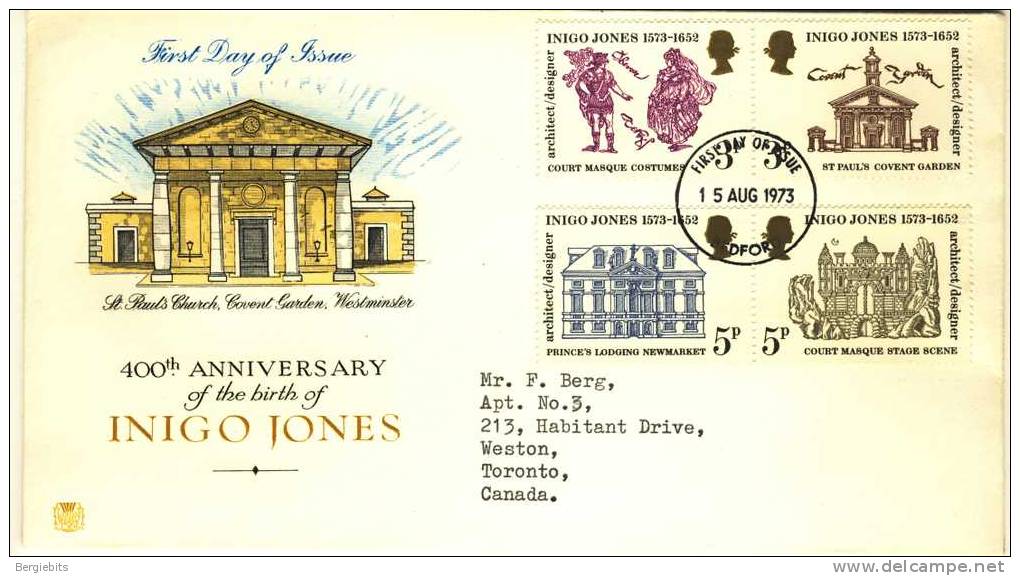 1973 Great Britain Cachet FDC With Complete Set " Inigo Jones 2" Bedford Cancel Sent To Canada - 1971-1980 Em. Décimales