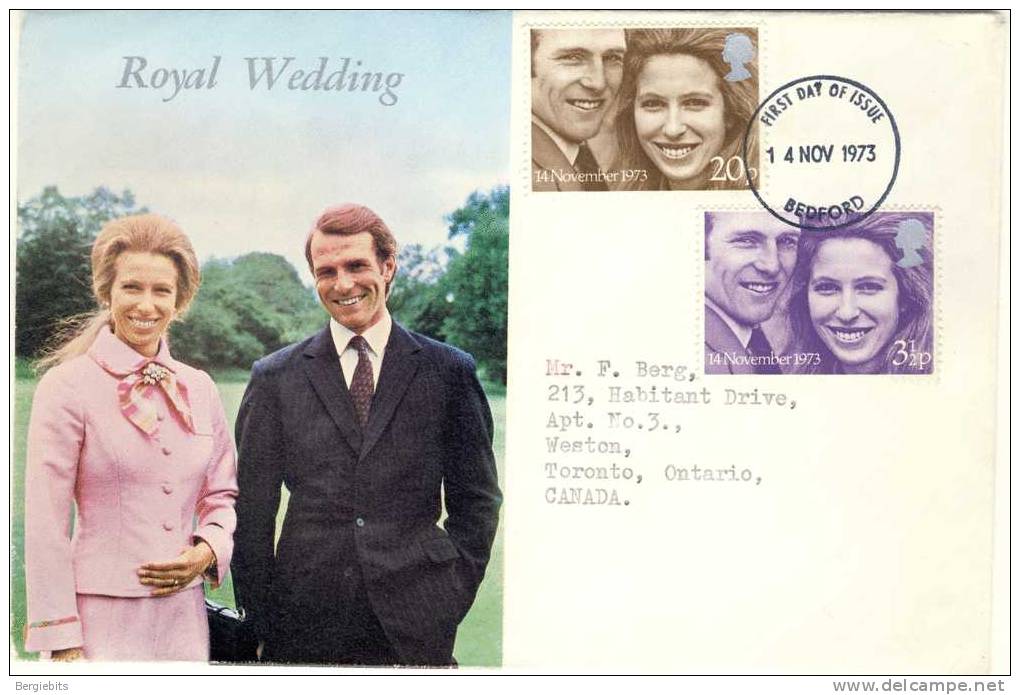 1973 Great Britain Special Cachet FDC With Complete Set " Royal Wedding " Bedford Cancel Sent To Canada - 1971-1980 Em. Décimales