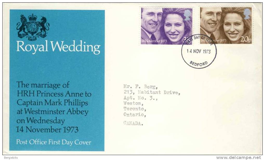 1973 Great Britain Cachet FDC With Complete Set " Royal Wedding 2" Bedford Cancel Sent To Canada - 1971-1980 Em. Décimales