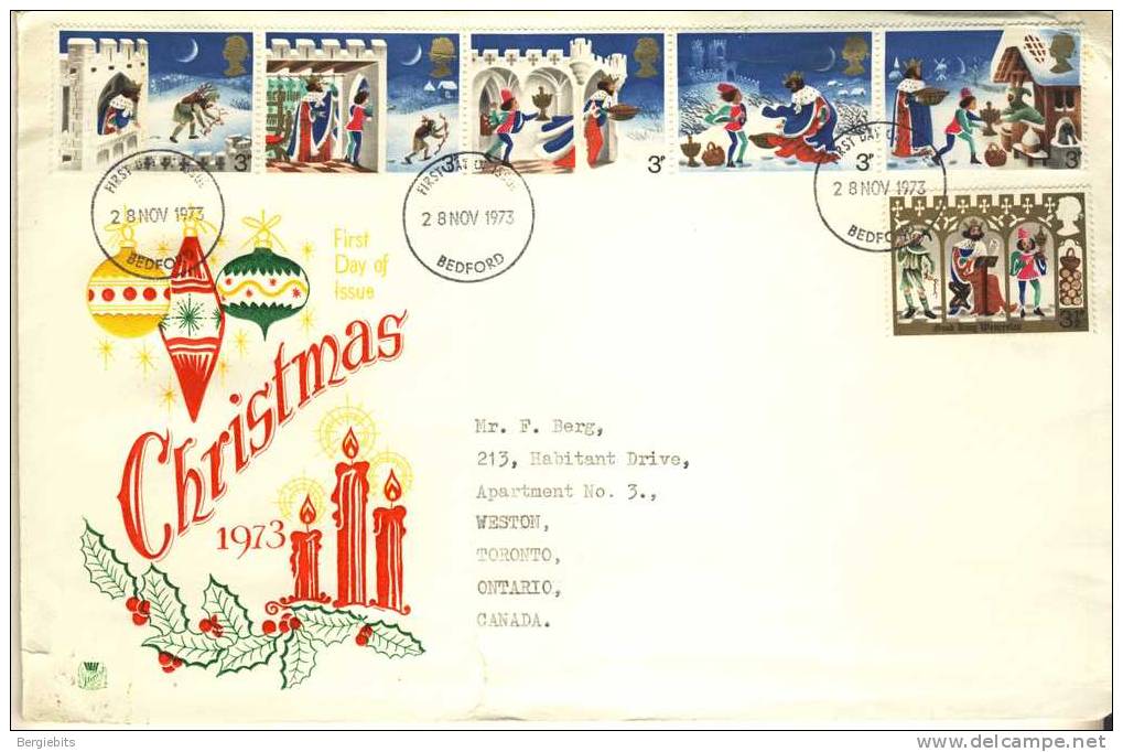 1973 Great Britain Special Cachet FDC With Complete Set " 1973 Christmas 2" Bedford Cancel - 1971-1980 Em. Décimales