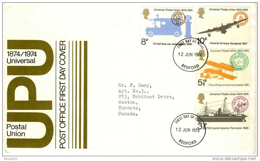 1974 Great Britain Cachet FDC With Complete Set " UPU " Bedford Cancel - 1971-1980 Em. Décimales