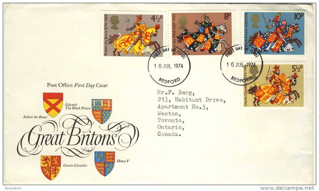 1974 Great Britain Cachet FDC With Complete Set " Great Britons " Bedford Cancel - 1971-1980 Em. Décimales