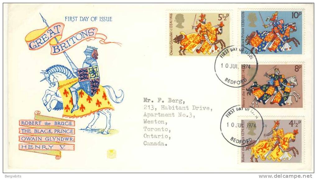 1974 Great Britain Special Cachet FDC With Complete Set " Great Britons 2 " Bedford Cancel - 1971-1980 Em. Décimales