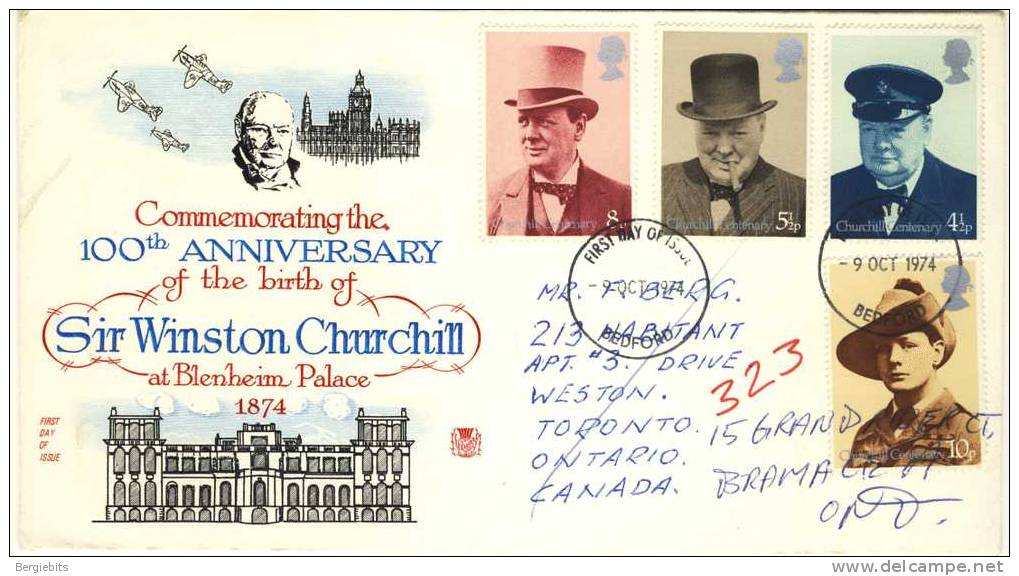 1974 Great Britain Cachet FDC With Complete Set   " Churchill " Bedford Cancel Sent To Canada - 1971-1980 Decimal Issues