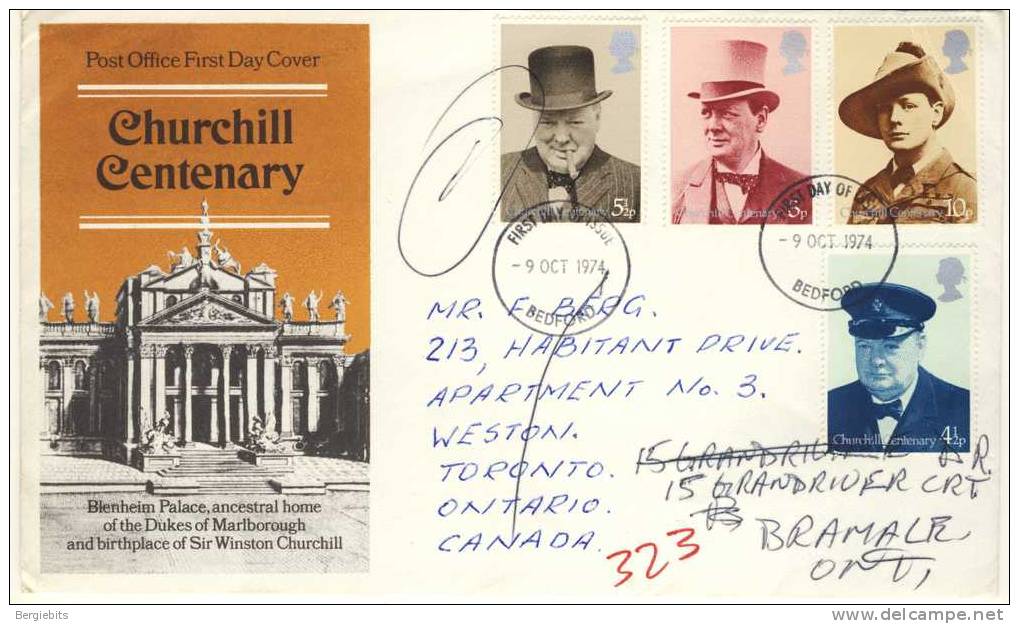 1974 Great Britain Cachet FDC With Complete Set   " Churchill  2" Bedford Cancel - 1971-1980 Em. Décimales