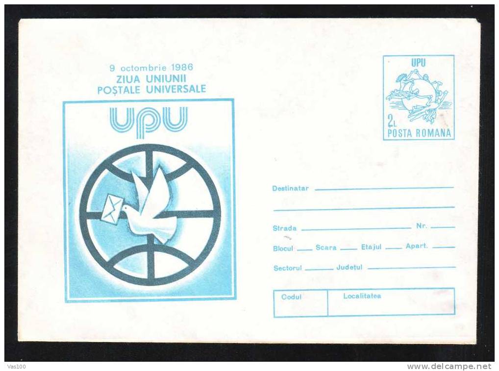 UPU World Post Day,dove, Entier Postal Postal Stationery Cover 1986 Romania - U.P.U.