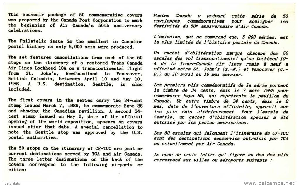 1986 Canada 50 Different Special Flight Covers For "AIR CANADA" 50th Anniversary"ONLY 5000 SETS Issued By Canada Post - Premiers Vols