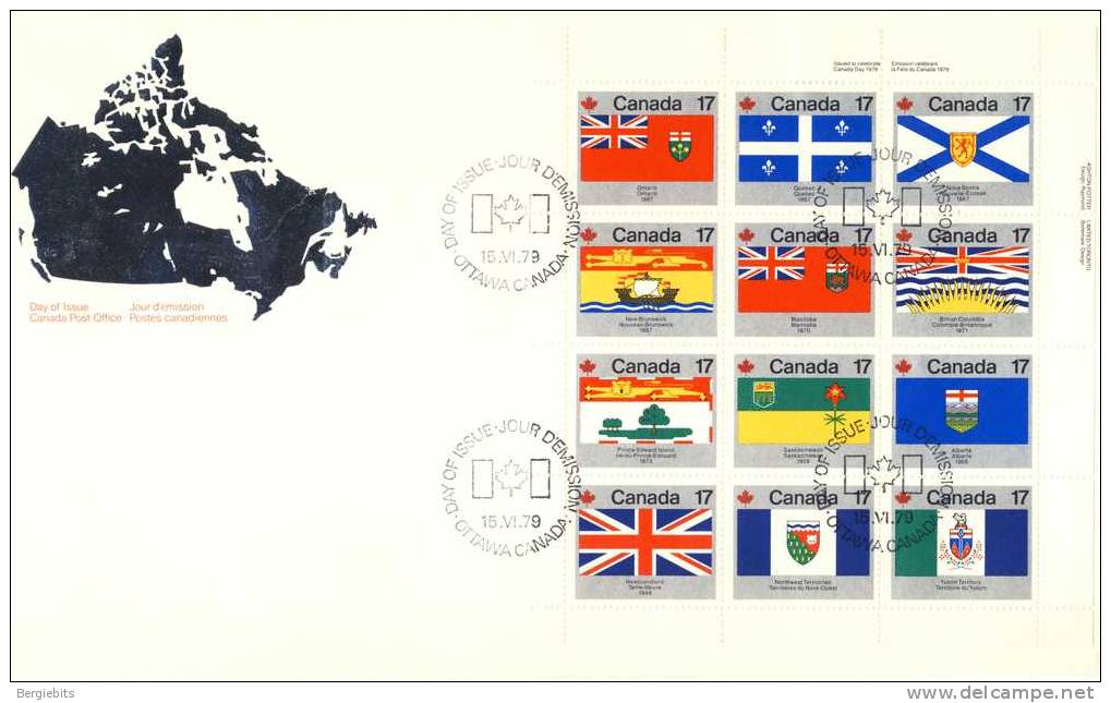 1979 Canada Cachet FDC With Complete Miniature Sheet 12 " PROVINCIAL & TERRITORIAL FLAGS - 1971-1980