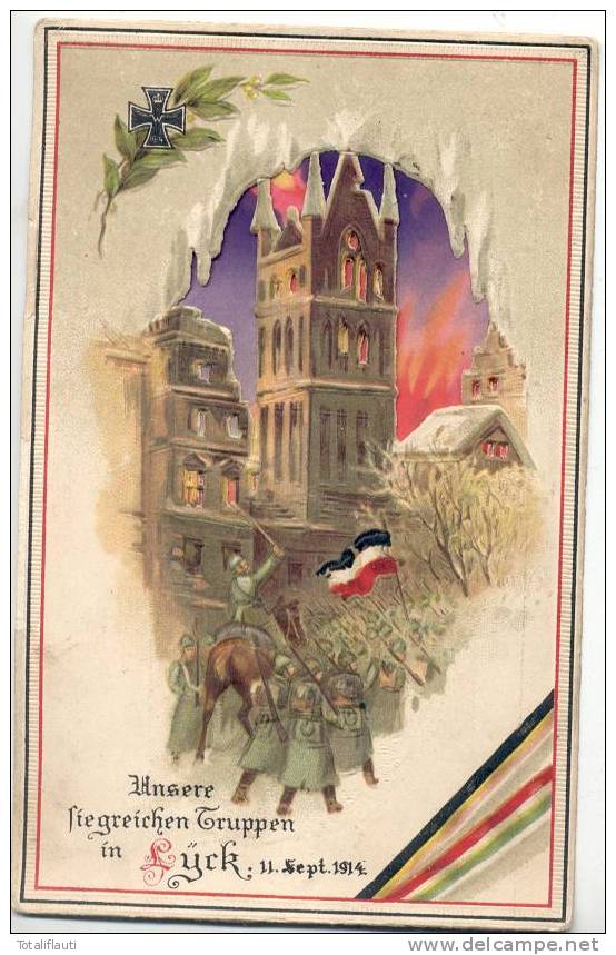 Lyck Color Litho Halt Gegen Das Licht Elk Siegreiche Truppen 11. September 1914 Pickelhaube Soldaten Brennende Stadt - Ostpreussen