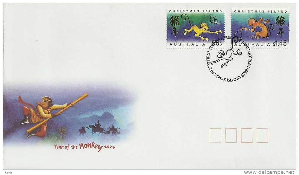 CHRISTMAS ISLAND FDC CHINESE ZODIAC YEAR OF MONKEY SET OF 2 STAMPS DATED 06-01-2004 CTO SG? READ DESCRIPTION !! - Christmas Island