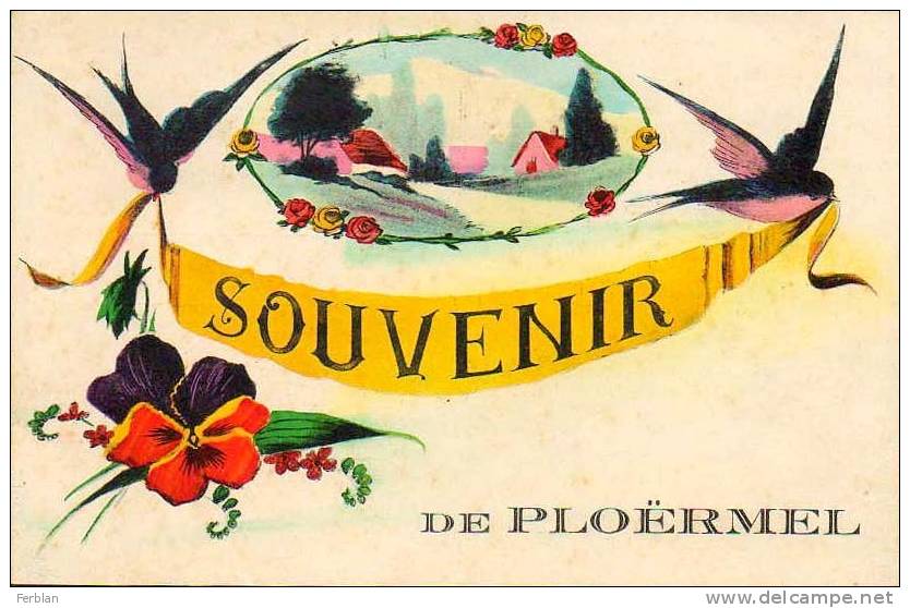 56.PLOËRMEL. Carte Illustration Fantaisie. Souvenir De Ploërmel Avec Pensée Et Hirondelles. - Ploërmel