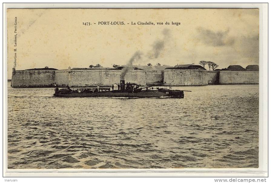 PORT LOUIS - La Citadelle Vue Du Large, Un Navire De Guerre Passant Devant - Ed. Laurent,  N° 1473 - Port Louis