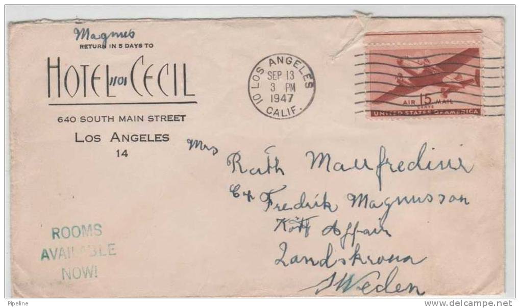 USA Cover With Air Mail Stamp Sent To Sweden Los Angeles 13-9-1947 - Covers & Documents