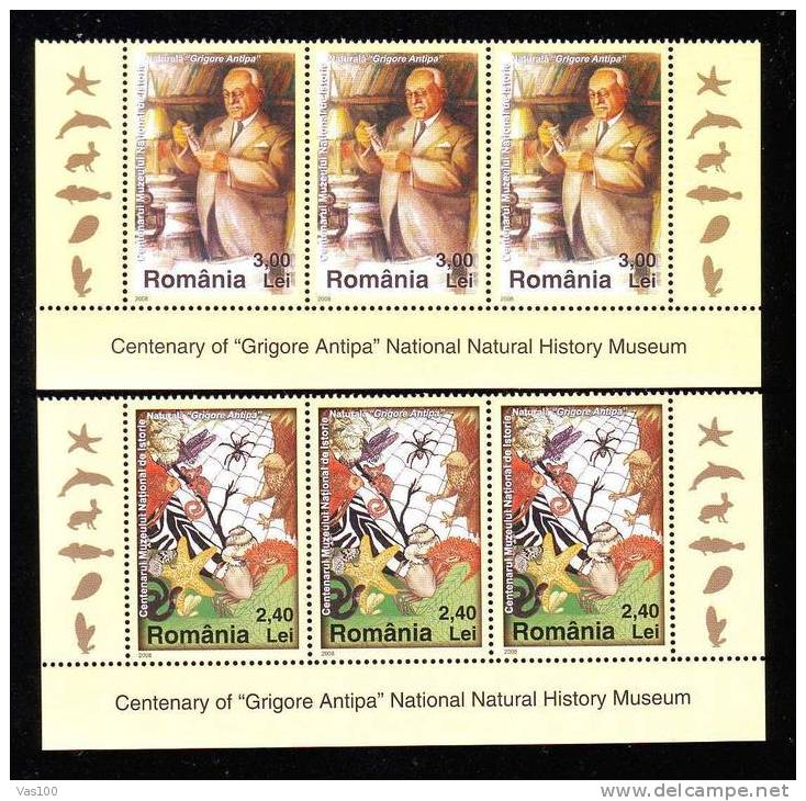 Romania 2008 CENTENARY OF GRIGORE ANTIPA NATIONAL NATURAL HISTORY MUSEUM ,TRIPTIC, MNH - Nuevos