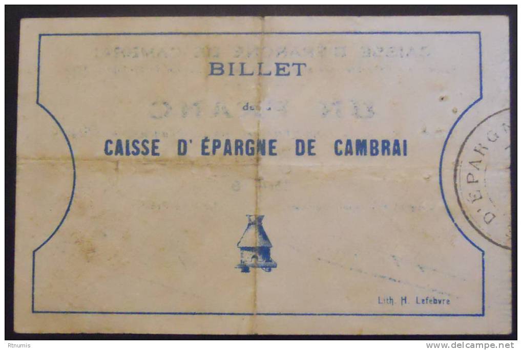 Cambrai Caisse D'épargne 1 Franc Pirot 59-506 R1 TTB - Bonos
