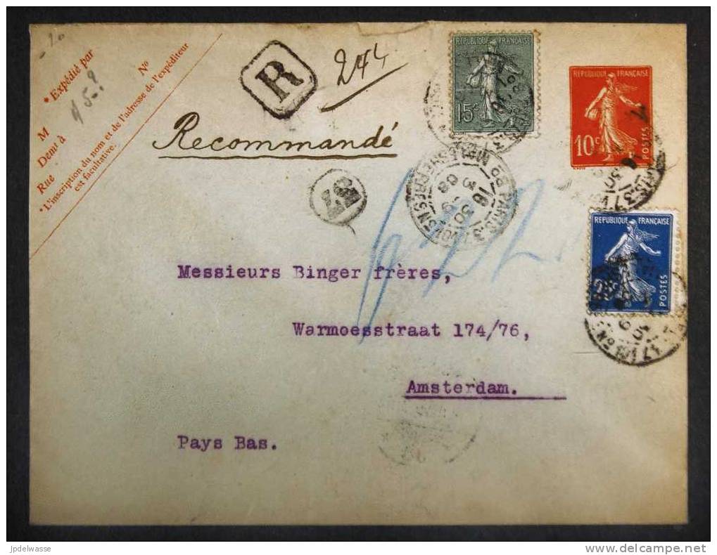 Enveloppe SEC E14 Recommmandée De Paris à Amsterdam Le 3/9/1908 Suraffranchie à 50 C. TB - Enveloppes Types Et TSC (avant 1995)