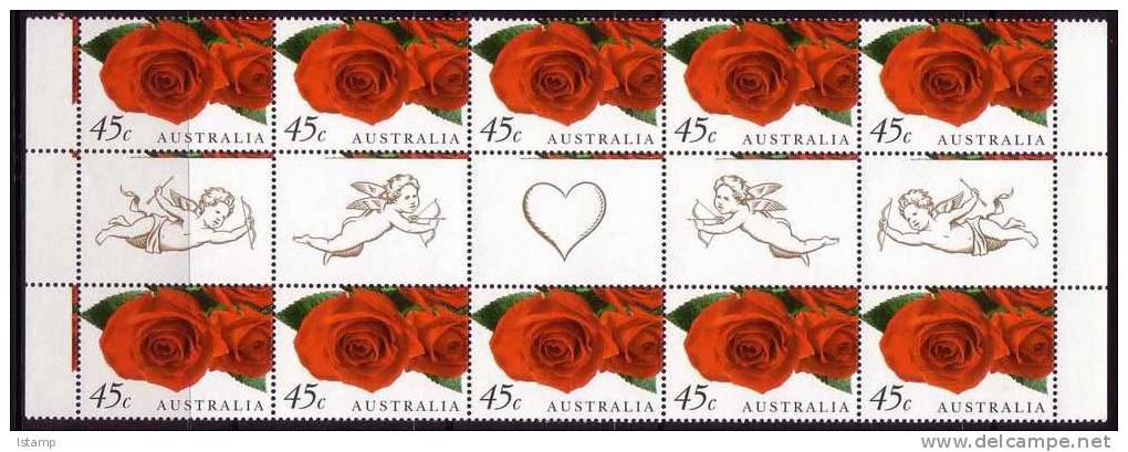 1999 - Australian Greetings 45c Romance RED ROSES Gutter Strip Stamps MNH - Ungebraucht