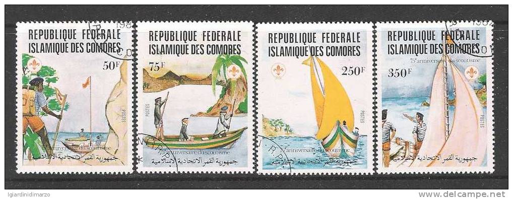 REPUBLIQUE FED. ISLAM. DES COMORES - 4 Valori Obliterati  "75° Anniversario Dello SCAUTISMO - In Buone Condizioni. - Gebruikt