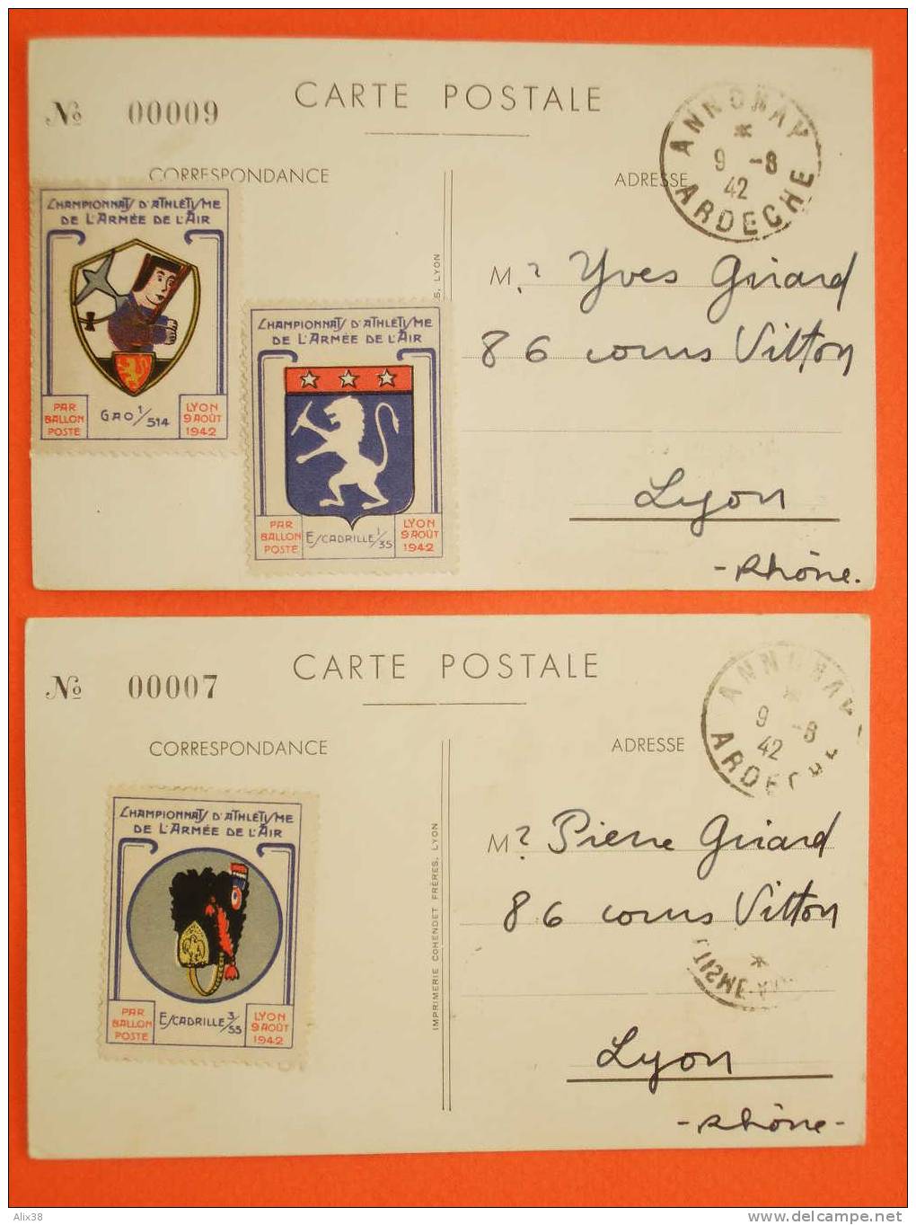 FRANCE 1942-2 Cartes Numérotées Avec Vignettes Au Dos. Armée De L´air.  TB - Lettres & Documents