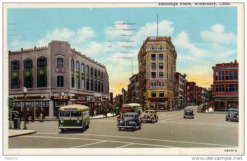 Waterbury, CT Connecticut - 1950s - Car Bus Voitures Rue Street - Circulée - État Très Beau - Waterbury