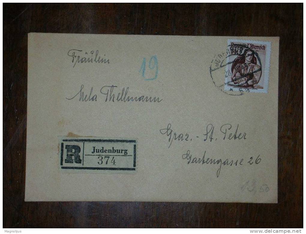 Austria,Osterreich Republik Stamp,Cover,Registered Letter,R Judenburg Postal Label,vintage Letter - Storia Postale