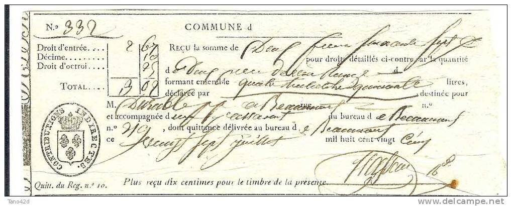 LBR22 - RECU DELIVRE PAR LES CONTRIBUTIONS INDIRECTES DE LA COMMUNE DE BEAUMONT EN JUILLET 1825 - Non Classés