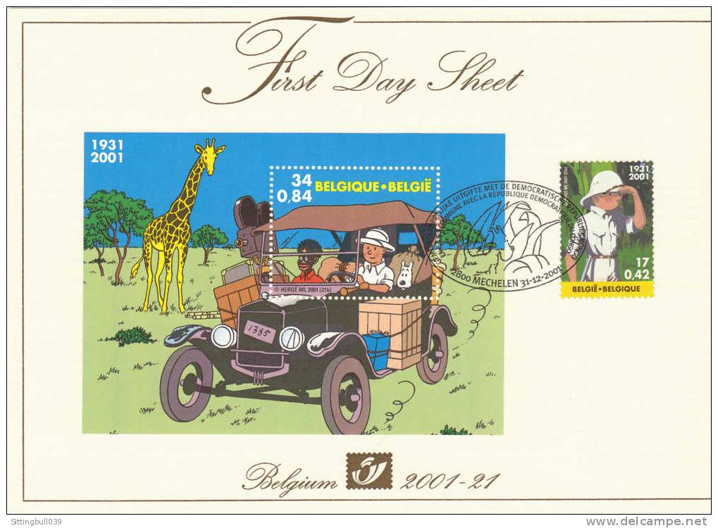 TINTIN AU CONGO. FIRST DAY SHEET Avec Timbres Et Tampon La Poste Belge 2001. Emission Commune Avec La Rép. Du  Congo. - Objets Publicitaires