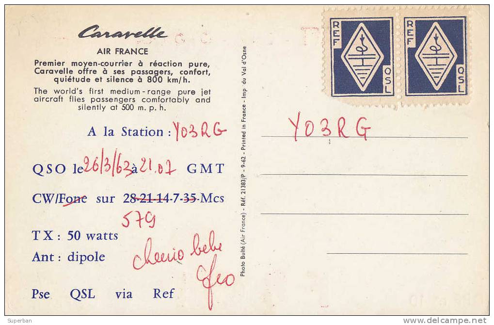 AVIATION CIVILE : AIR FRANCE : AVION CARAVELLE En VOL - ANNÉE ~ 1960 - CARTE QSL / RADIO-AMATEUR à OYONNAX - AIN (e-206) - 1946-....: Moderne