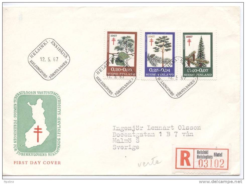 Finland Registered FDC 12-5-1967 Complete Set TUBERCULOTICAL Stamps With Cachet Sent To Sweden - FDC