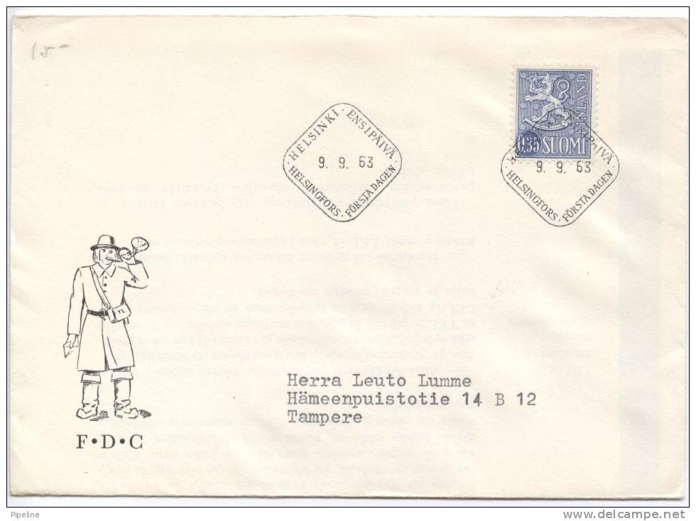 Finland FDC 9-9-1963 Ordinary Stamp LION Type 0.35 With Cachet - FDC