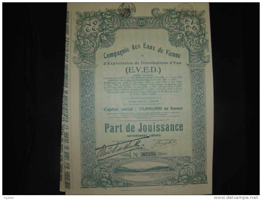 Part De Jouissance " Cie Des Eaux De Vienne Et Exploitation De Distribution D'eau " Liège 1928 Wien . - Wasser