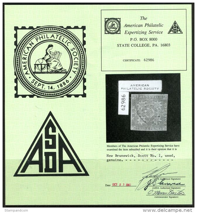 New Brunswick #1 Used 3p From 1851 W/APS Certificate - Usati