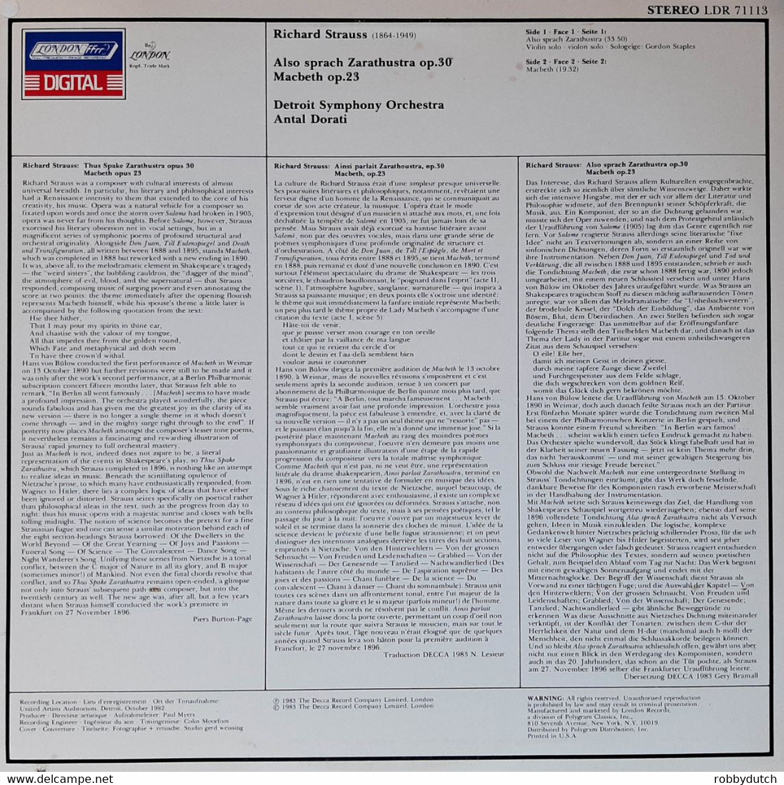 * LP *  ALSO SPRACH ZARATHUSTRA - DETROIT SYMPH. ORCHESTRA (1983 Digital Rec. Ex-!!!) - Klassiekers