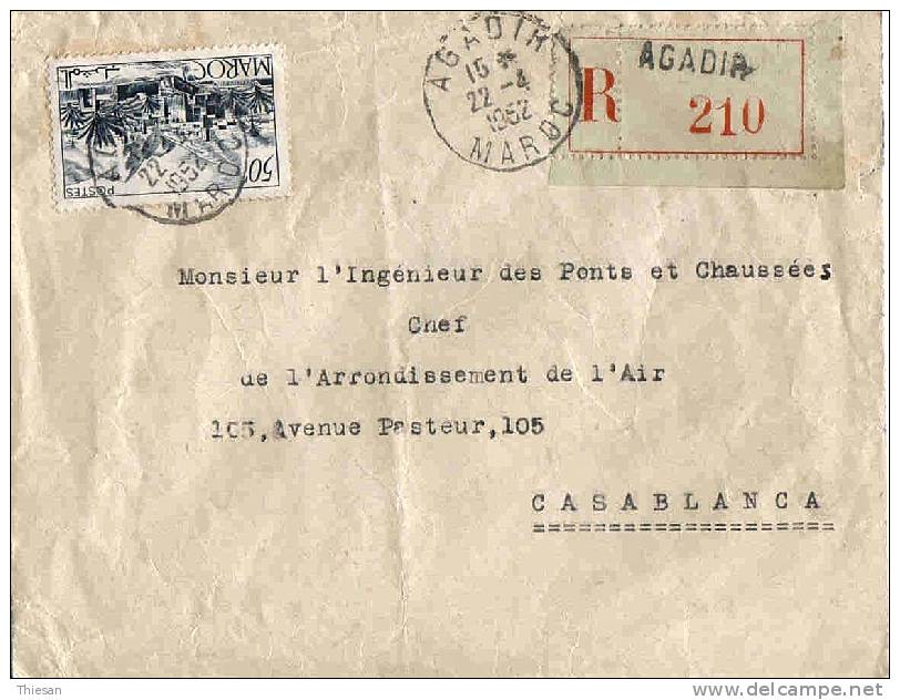 Maroc Morocco Marruecos Lettre Locale Recommandée Agadir 22 4 52. Seul Sur Lettre Airmail Cover Sobre Carta Enveloppe - Brieven En Documenten