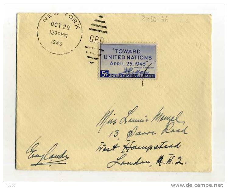 -  ETATS UNIS 1941/50 . AFFRANCHISSEMENT SIMPLE SUR ENVELOPPE   DE 1946 POUR L'ANGLETERRE - Covers & Documents