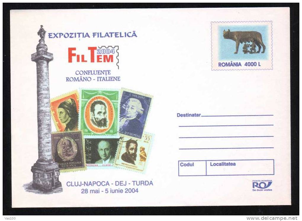 Leonardo Da Vinci, Michelangelo, Dante Aligheri Imprinted Postage On Cover Stationery 2004 Romania. - Sonstige & Ohne Zuordnung