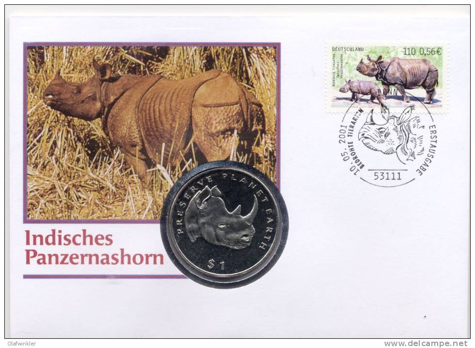 Deutschland/Liberia 2001 Bedrohte Tierarten - Panzernashorn Numisbrief - Rhinoceros