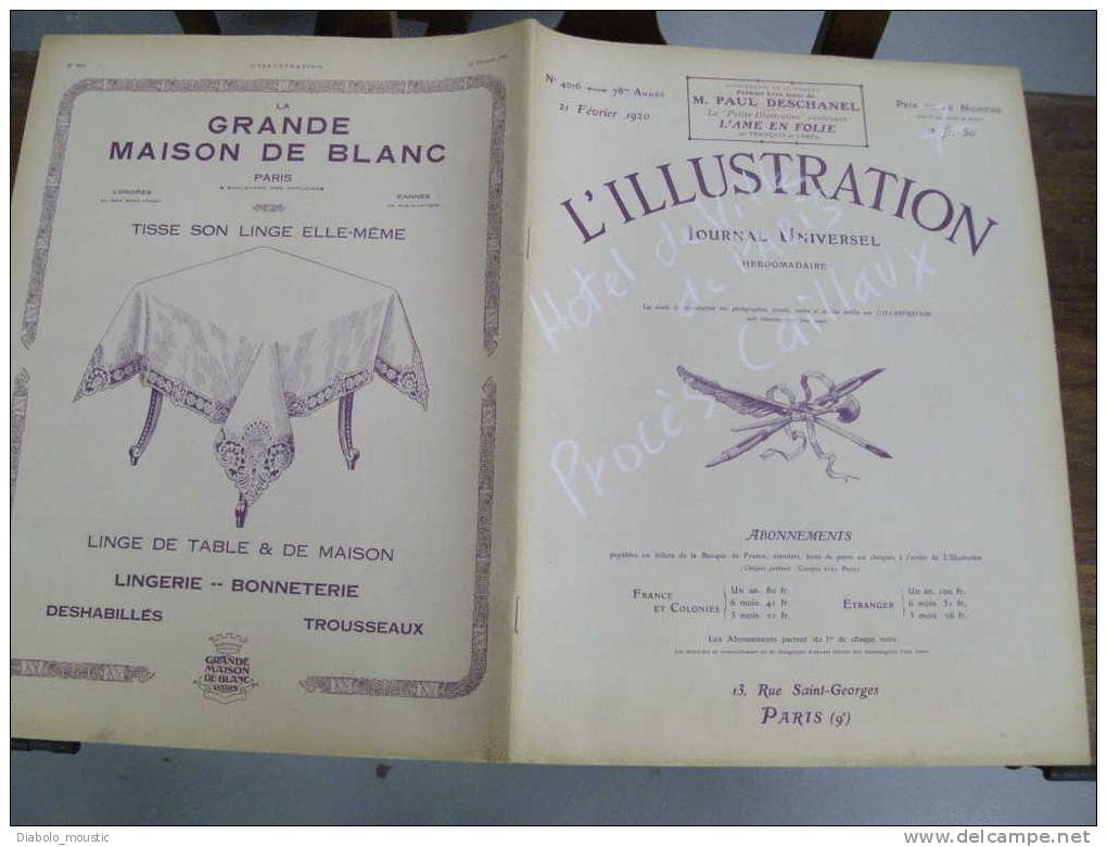 L'ILLUSTRATION  21 Février  1920 :            HÔTEL De VILLE De PARIS ;          Procès CAILLAUX........... - L'Illustration