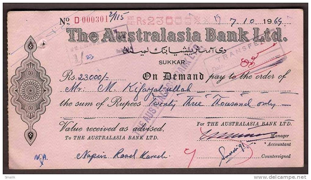 The Australasia Bank Limited. Sukkar Pakistan, 7-10-1964 - Bank & Insurance