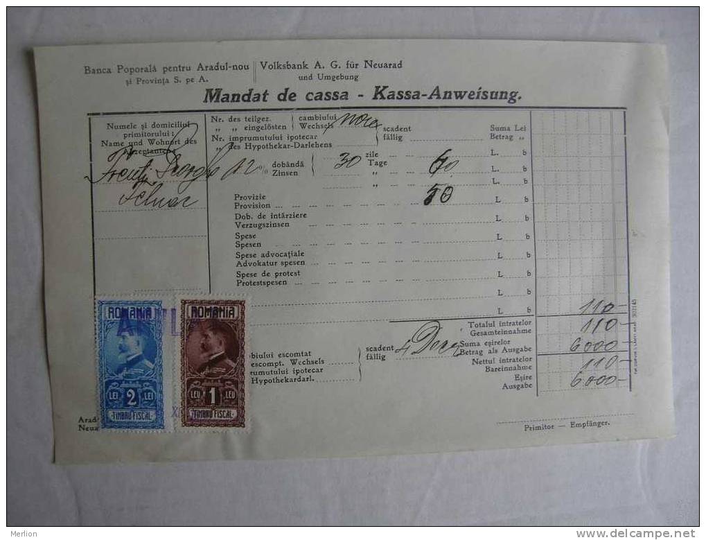 Romania Arad Neuarad - Banca Popolara Volksbank -Mandat De Cassa - 1930 -Felnac  X27.1 - Bank & Versicherung