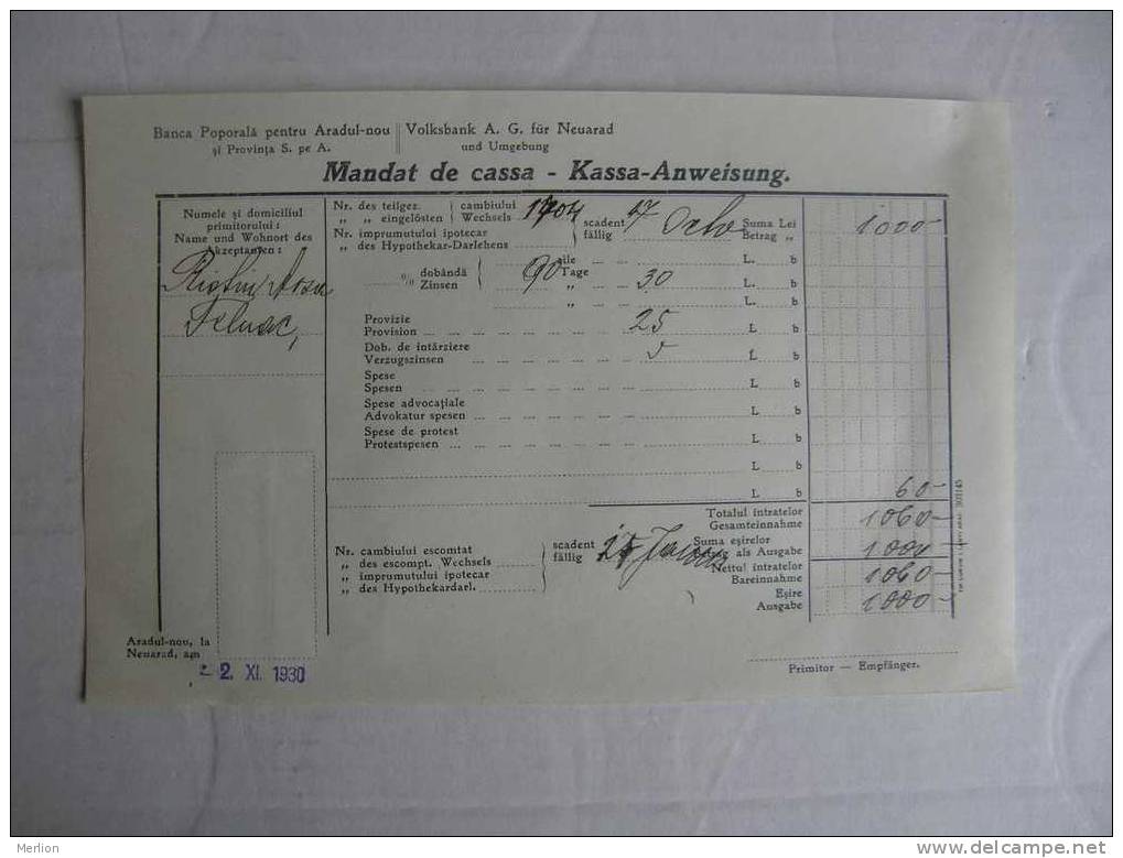 Romania Arad Neuarad - Banca Popolara Volksbank -Mandat De Cassa - 1930 -Felnac  X27.2 - Bank & Versicherung