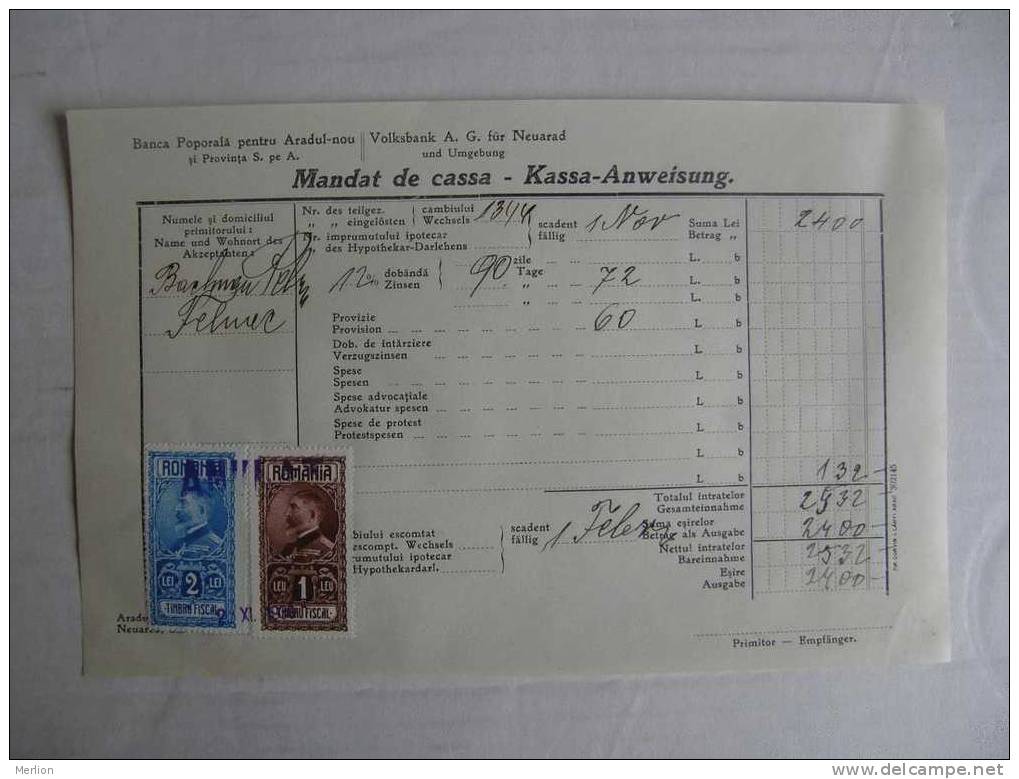 Romania Arad Neuarad - Banca Popolara Volksbank -Mandat De Cassa - 1930 -Felnac  X27.3 - Banque & Assurance